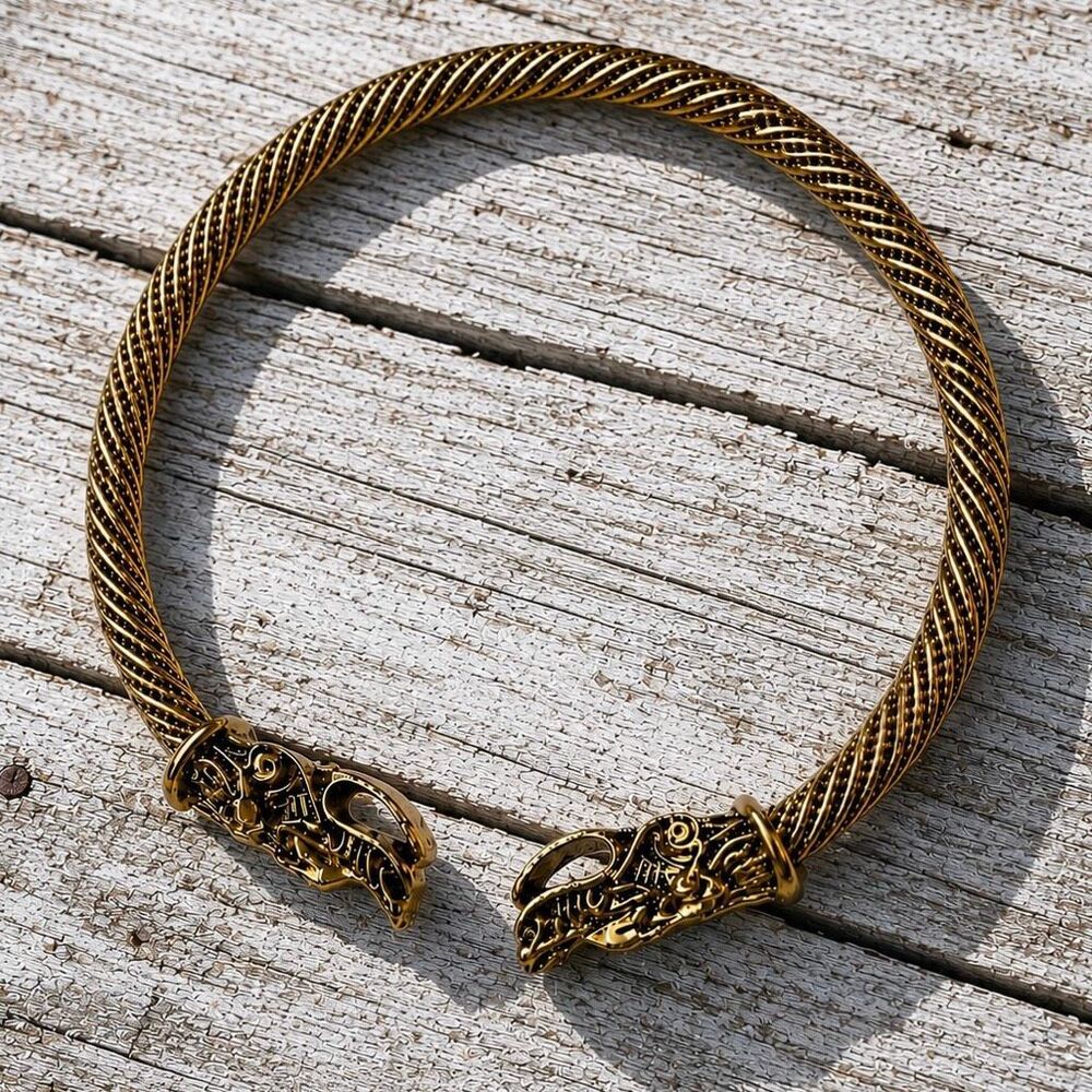 Norse Wolf Head Bracelet – Gold Tone Twisted Rope Cuff